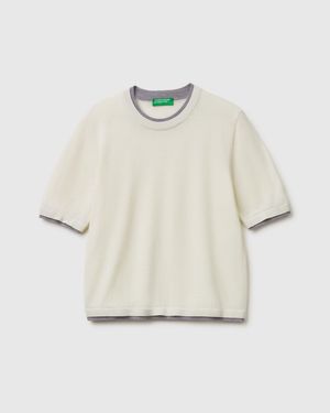 Benetton Benetton, 100% Merino Wool Short-Sleeved Shirt - Black