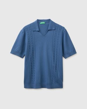 Benetton Benetton, Knitted Polo Shirt With Cables - Blue
