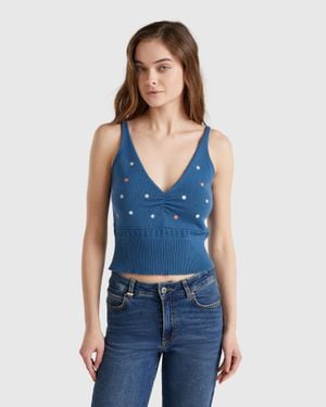 Benetton Benetton, Knit Tank Top With Flower Embroidery - Blue