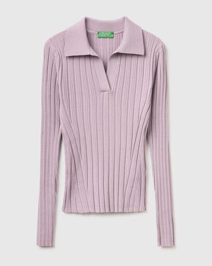 Benetton Benetton, Gerippter Pullover Mit Polokragen, Größe, Damen - Pink