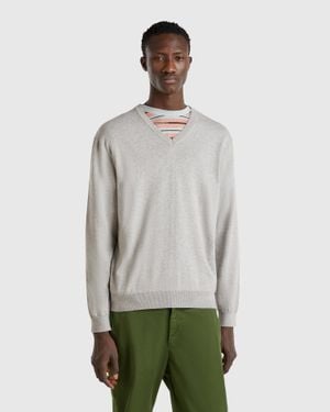 Benetton Benetton, Pull En Pur Coton À Col V, Taille, Gris Clair, Homme - Noir
