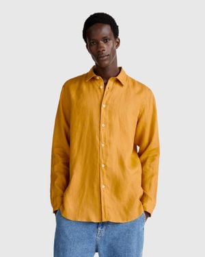 Benetton Benetton, Camisa De Puro Lino, Mostaza, Hombre - Multicolor