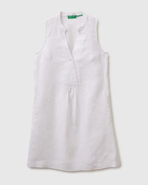 Benetton Benetton, Vestido Corto 100% Lino, Talla, Blanco, Mujer