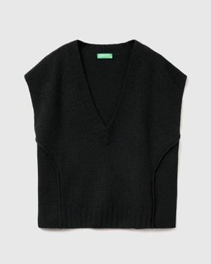 Benetton Benetton, Gilet Col V En Laine Mélangée, Taille, Noir, Femme