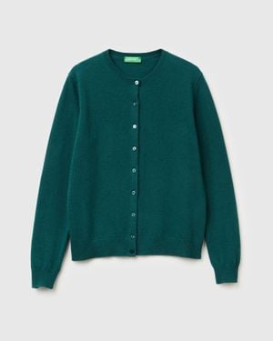 Benetton Benetton, Cardigan Vert À Col Rond En Pure Laine Mérinos, Taille, Vert Foncé, Femme