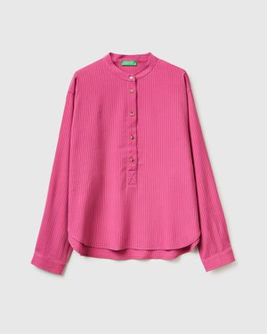 Benetton Benetton, Striped Blouse With Mandarin Collar - Pink