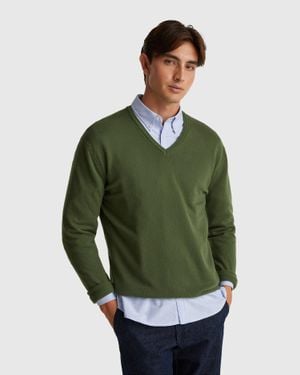 Benetton Benetton, Pull Col V Vert En Pure Laine Mérinos, Taille, Homme
