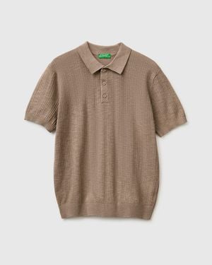 Benetton Benetton, Textured Linen Blend Polo Shirt - Brown