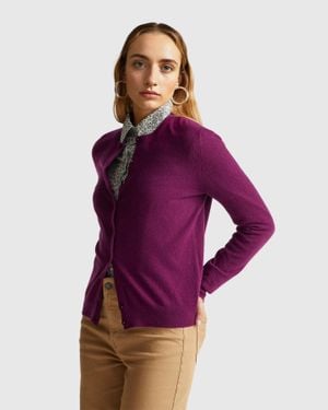 Benetton Benetton, Cardigan À Col Rond En Pure Laine Mérinos, Taille, Prune, Femme - Violet