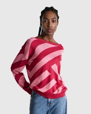 Benetton Benetton, Pull Rayé Régimentaire, Taille, Fraise, Femme - Rouge