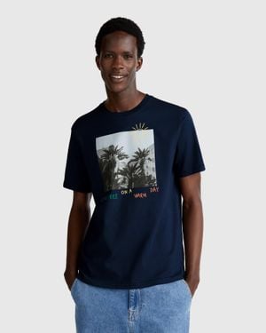 Benetton Benetton, T-Shirt Con Stampa Fotografica, Blu Scuro, Uomo - Nero