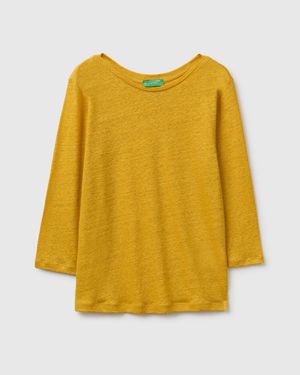 Benetton Benetton, Camiseta De Cuello Barco En Lino Puro, Talla, Mostaza, Mujer - Amarillo