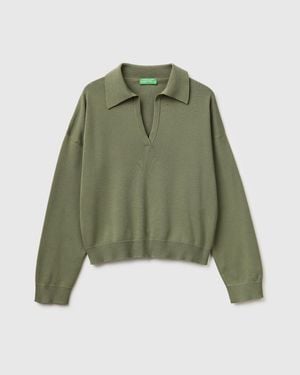 Benetton Benetton, Suéter De Cuello Polo De Algodón Premium, Talla, Verde Oliva, Mujer