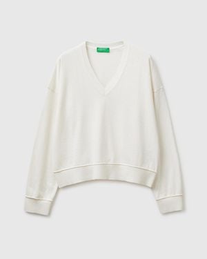 Benetton Benetton, Suéter De Cuello En V En Algodón Y Lana, Talla, Blanco Crema, Mujer