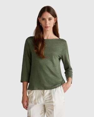 Benetton Benetton, Pure Linen T-Shirt With 3/4 Sleeves - Green