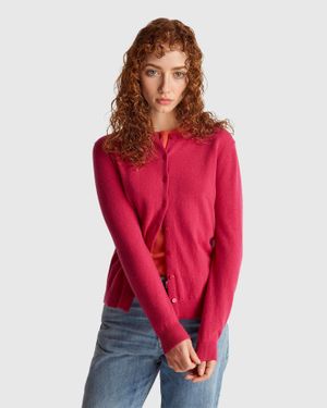 Benetton Benetton, Fuchsiafarbene Strickjacke Mit Rundhalsausschnitt Aus Reiner Merinowolle, Größe, Zyklame, Damen - Rot