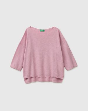 Benetton Benetton, Boxy Fit Linen Blend Jumper - Pink