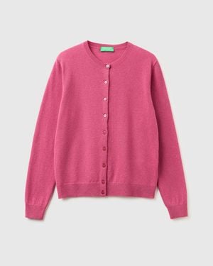 Benetton Benetton, Pflaumenfarbene Strickjacke Mit Rundhalsausschnitt Aus Reiner Merinowolle, Größe, Damen - Pink