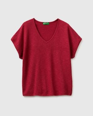 Benetton Benetton, V-Ausschnitt-Pullover Aus Leinenmischung, Größe, Koralle, Damen - Rot