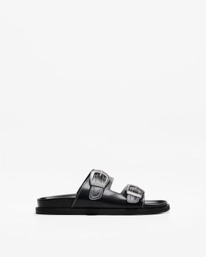 Bershka Buckled Flat Slider Sandals - Black