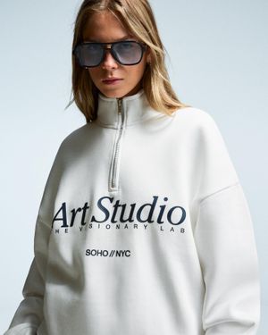 Bershka Printed Zip-Up Neck Sweatshirt - White