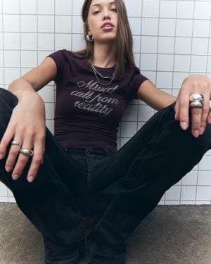 Bershka Short Sleeve Rhinestone T-Shirt - Blue