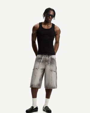 Bershka Baggy Denim Bermuda Shorts With Fringing - Gray
