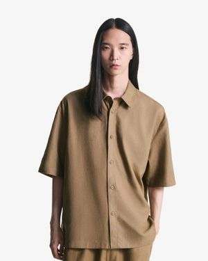 Bershka Short Sleeve Linen Blend Shirt - Natural