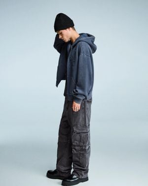 Bershka Acid Wash Multi-Cargo Baggy Pants - Blue
