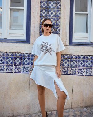 Bershka Printed Short Sleeve Oversize T-Shirt - Blue