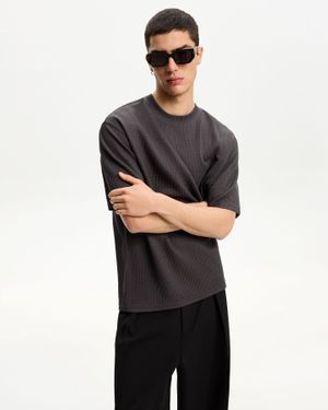 Bershka Short Sleeve Seersucker T-Shirt - Black