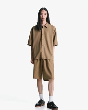 Bershka Loose Fit Linen Blend Jogger Bermuda Shorts - Natural