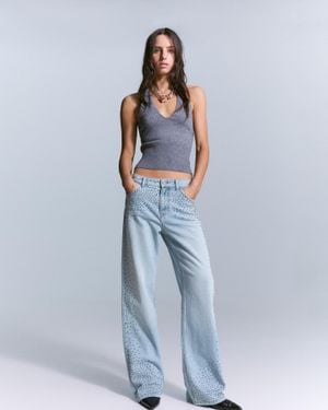 Bershka Straight Fit Wide-Leg Jeans With Rhinestones - Blue