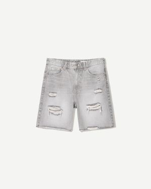 Bershka Ripped Denim Bermuda Shorts - Gray