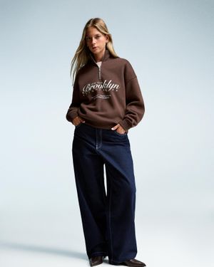 Bershka Printed Zip-Up Neck Sweatshirt - Blue
