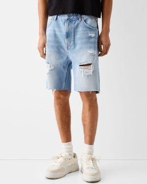 Bershka Ripped Denim Bermuda Shorts Light - Blue