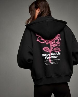 Bershka Printed Zip-Up Hoodie - Black