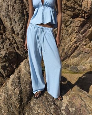 Bershka Linen Blend Pants With An Elastic Waistband - Blue