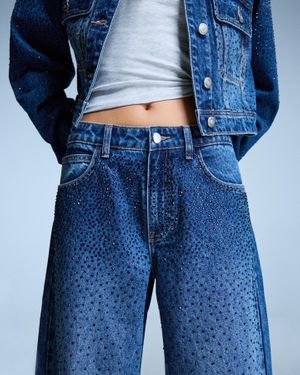 Bershka Straight Jeans With Rhinestone Details - Blue