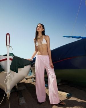 Bershka Textured Wide-Leg Pants - Blue
