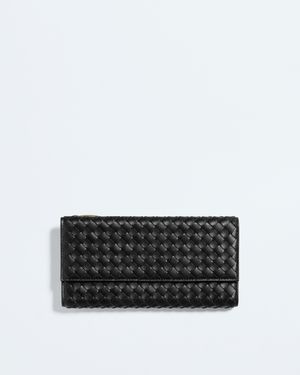 Bottega Veneta Portafoglio Lungo Intrecciato Piccolo Con Patta - Nero
