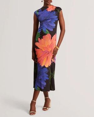 Ted Baker Ginla Drape Neck Floral Midi Dress - Blue