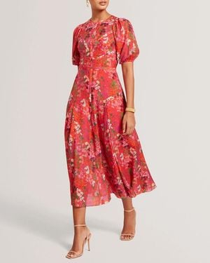 Ted Baker Sianna Blossom Print Puff Sleeve Midi Dress - Red