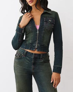 TRUE RELIGION Slim Zip Up Denim Jacket - Blue