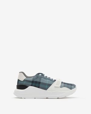 Burberry Check And Leather Sneakers - Blue