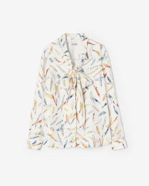Burberry Feather Print Silk Scarf Blouse - White