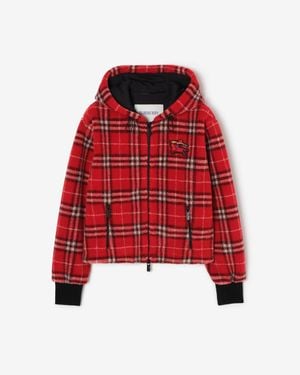 Burberry Cropped Check Fleece Hooded Jacket - Red