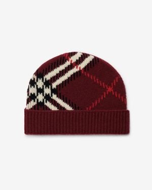 Burberry Check Cashmere Blend Beanie - Red