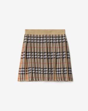 Burberry Pleated Check Wool Blend Skirt - Natur