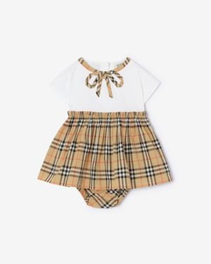 Burberry Childrens Check Bow Cotton Dress With Bloomers - Metallic